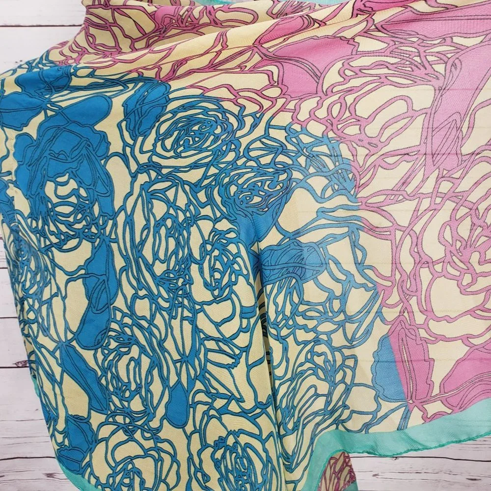 Vintage Space‎ Age Women's Scarf Multicolor Pink Blue Green Floral Sheer Striped